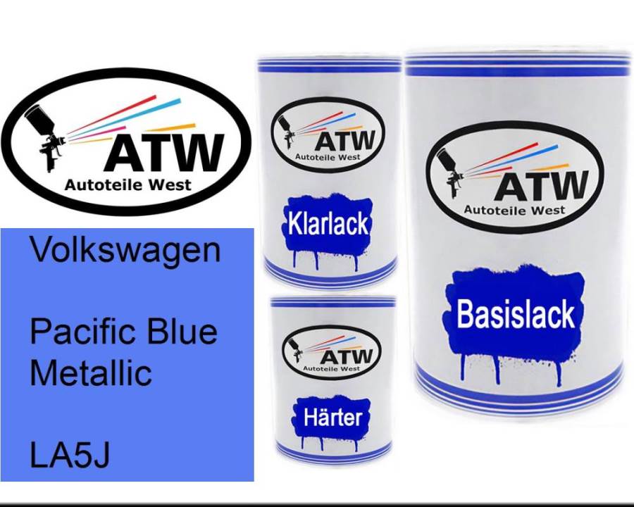 Volkswagen, Pacific Blue Metallic, LA5J: 500ml Lackdose + 500ml Klarlack + 250ml Härter - Set, von ATW Autoteile West.